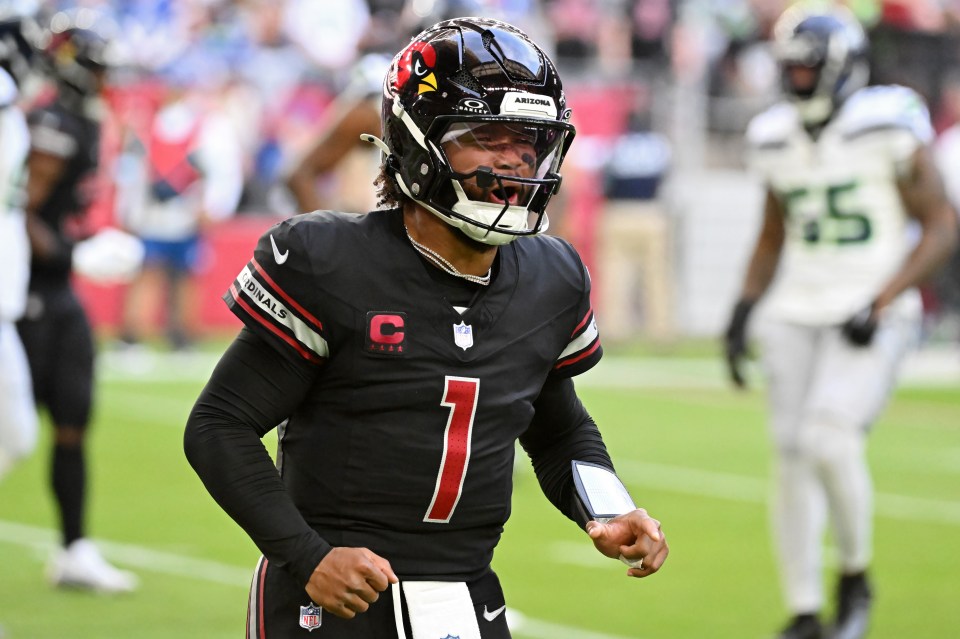 GLENDALE, ARIZONA - DECEMBER 08: Kyler Murray #1 of the Arizona Cardinals celebrates after scoring a touchdown in the first quarter against the Seattle Seahawks at State Farm Stadium on December 08, 2024 in Glendale, Arizona. (Photo by Norm Hall/Getty Images)