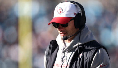 Head coach Jonathan Gannon of the Arizona Cardinals looks on during the second quarter against the ...