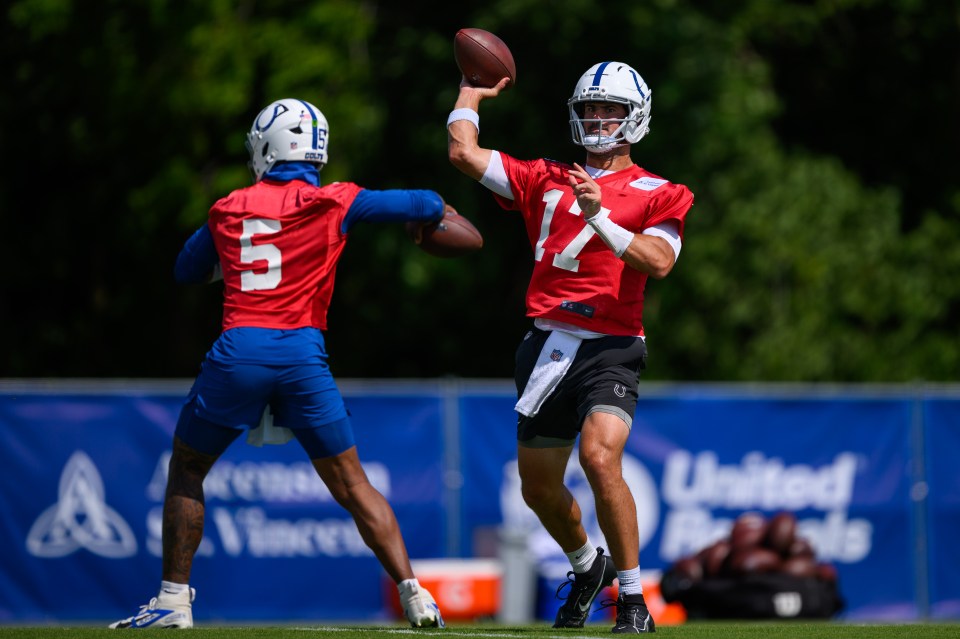 WESTFIELD, IN - JULY 26: Indianapolis Colts quarterback Daniel Jones (17) runs through a drill during the Indianapolis Colts training camp practice on July 26, 2025 at the Grand Park Sports Campus in Westfield, IN. (Photo by Zach Bolinger/Icon Sportswire via Getty Images)
