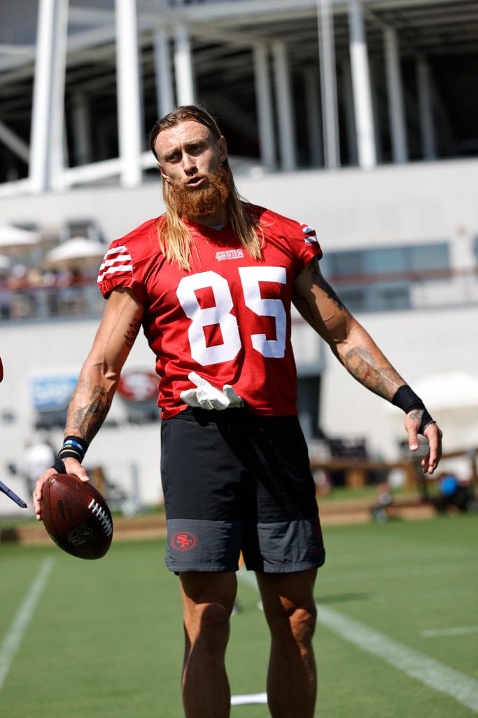 : George Kittle #85 of the San Francisco 49ers during a training camp practice at SAP Performance Facility on July 25, 2025 in Santa Clara, California.