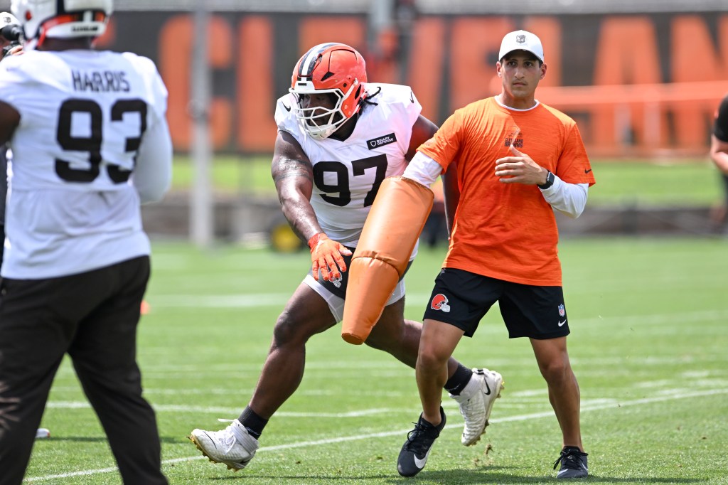 Jowon Briggs #97 of the Cleveland Browns runs a drill during Cleveland Browns training camp
