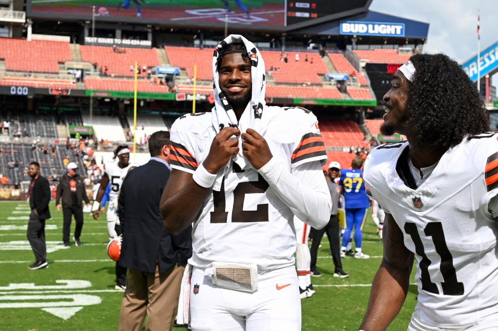 Shedeur Sanders walks off the field after the team's 17-16 win over the Los Angeles Rams in an NFL Preseason 2025 game at Huntington Bank Field on August 23, 2025 in Cleveland, Ohio. 