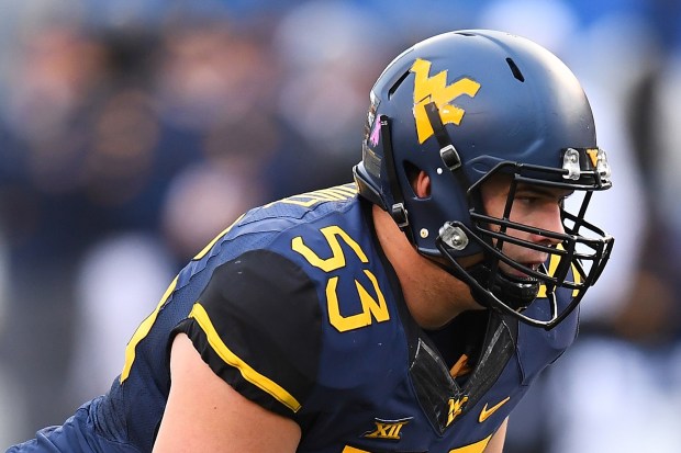 MORGANTOWN, WV - OCTOBER 22: Colton McKivitz #53 of the West Virginia Mountaineers in action during the game against the TCU Horned Frogs at Mountaineer Field on October 22, 2016 in Morgantown, West Virginia. (Photo by Joe Sargent/Getty Images)