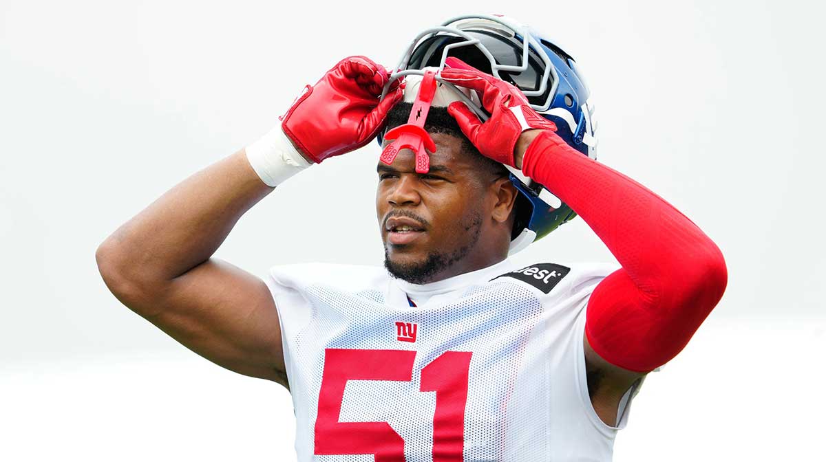 New York Giants linebacker Abdul Carter (51) is shown as he pauses from practice, Sunday, July 27, 2025, in East Rutherford.