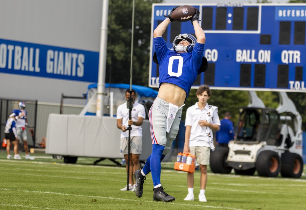 Gunner Olszewski, who caught a touchdown pass from Jameis Winston during  Giants training practice, make a leaping grab on Aug. 6, 2025.