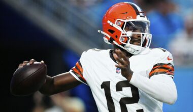 Cleveland Browns quarterback Shedeur Sanders passed against the Carolina Panthers in a preseason game on Aug. 8, in Charlotte, N.C. He could miss Saturday's game at Philadelphia with an injury, possibly clearing the way for Dillon Gabriel to play.