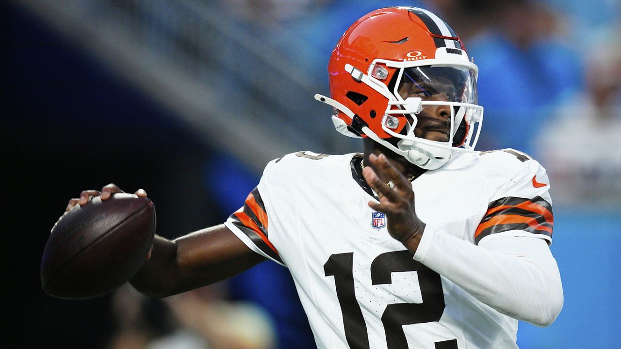 Cleveland Browns quarterback Shedeur Sanders passed against the Carolina Panthers in a preseason game on Aug. 8, in Charlotte, N.C. He could miss Saturday's game at Philadelphia with an injury, possibly clearing the way for Dillon Gabriel to play.
