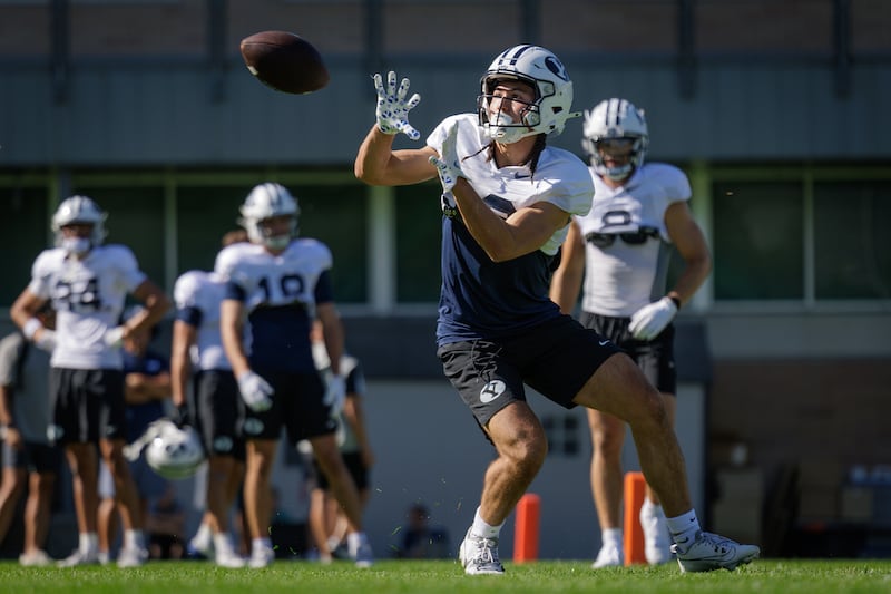 BYU receiver Tiger Bachmeier makes a catch during Day 3 of fall camp in Provo, Friday, Aug. 1, 2025.