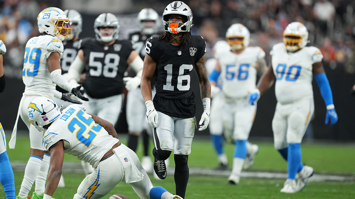 Las Vegas Raiders wide receiver Jakobi Meyers (16) celebrates after a first down against the Los Angeles Chargers in the first half at Allegiant Stadium.