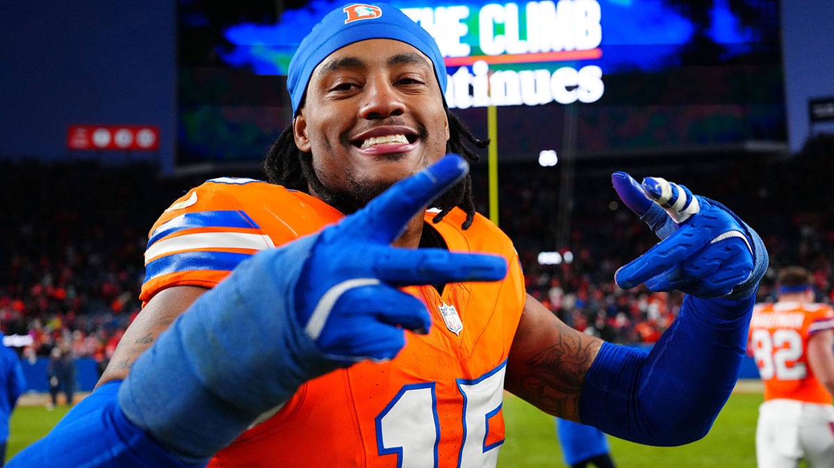 Denver Broncos linebacker Nik Bonitto (15) following the win against the Kansas City Chiefs.