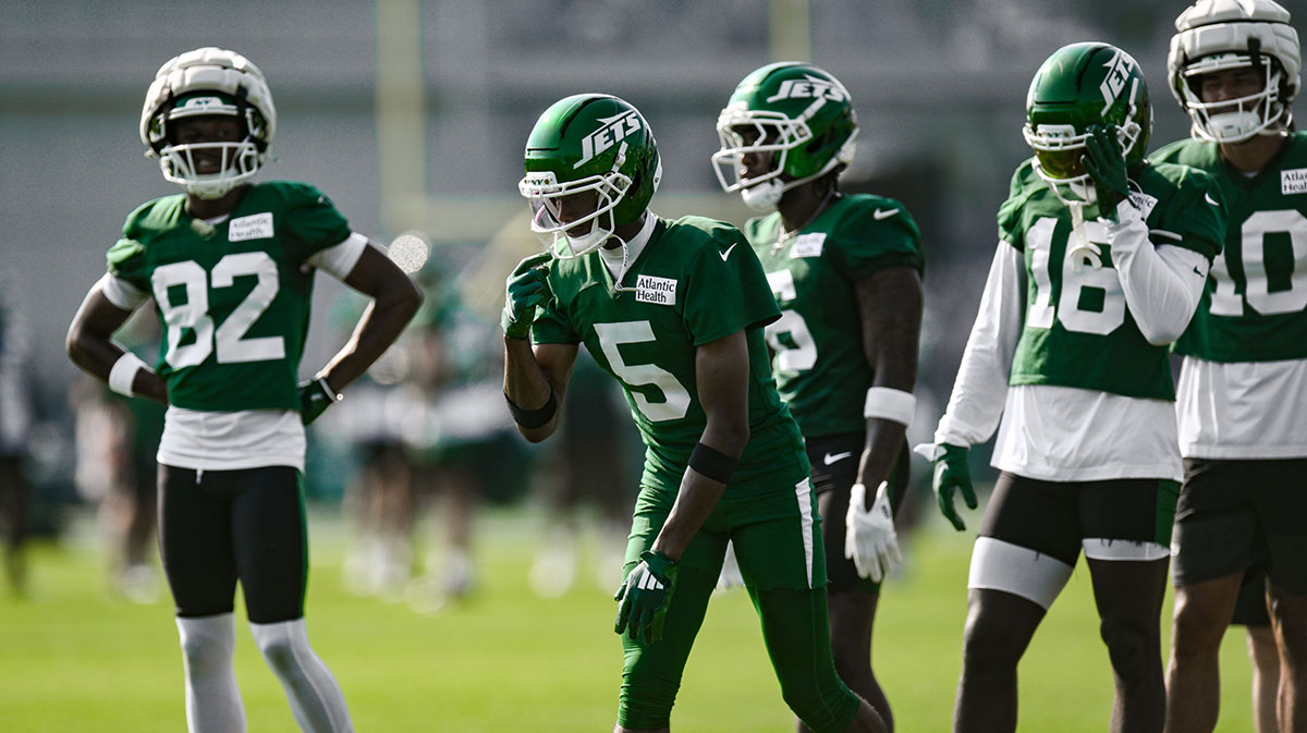 Jul 25, 2025; Florham Park, NJ, USA; New York Jets wide receiver Garrett Wilson (5) participates in a drill during training camp at Atlantic Health Jets Training Center. 