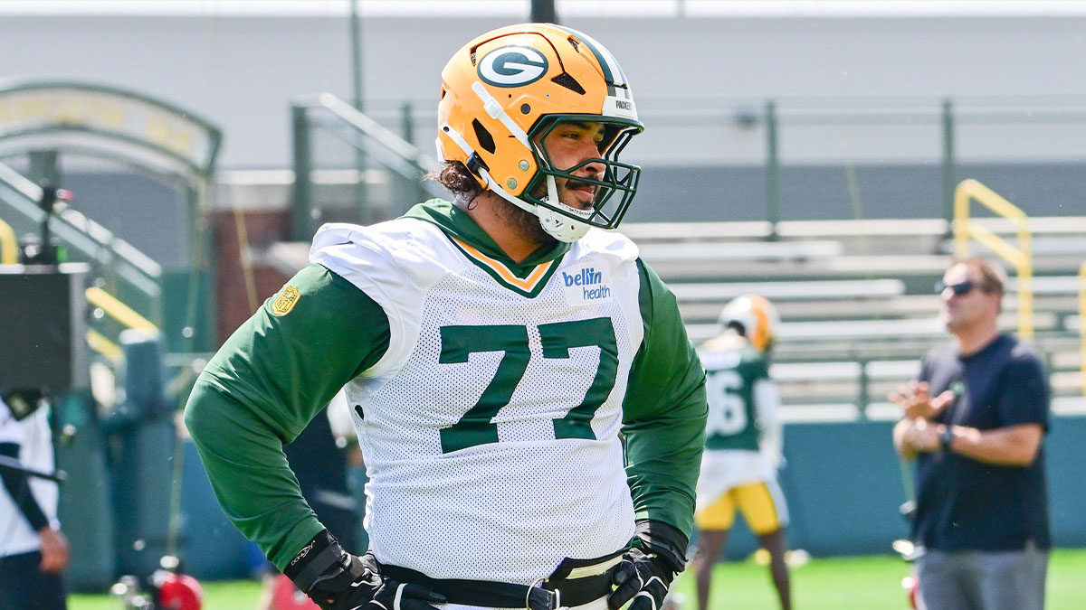 Green Bay Packers offensive tackle Jordan Morgan (77) participates in the team's minicamp at Ray Nitschke Field.