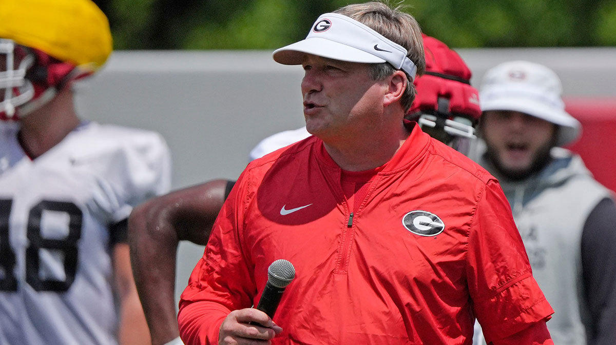 Georgia coach Kirby Smart looks on at the first day of fall practice in Athens, Georgia, on Thursday, July 31, 2025.