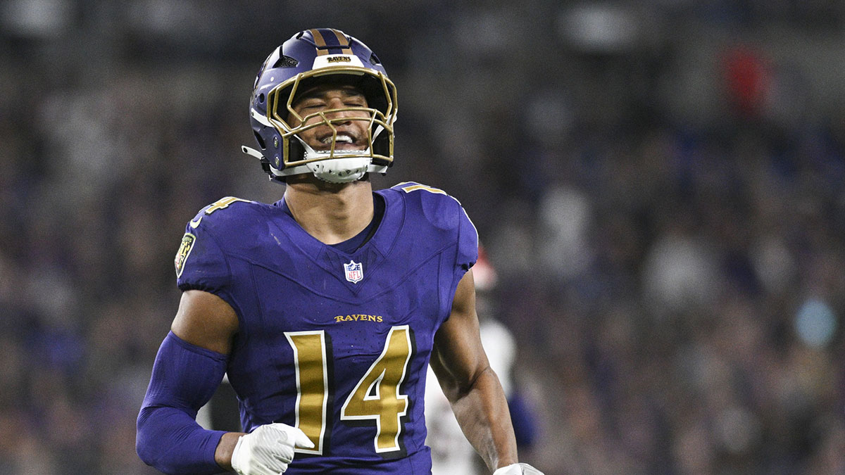 Baltimore Ravens safety Kyle Hamilton (14) reacts after tips a Cincinnati Bengals quarterback Joe Burrow (9) pass during the first quarter at M&T Bank Stadium.