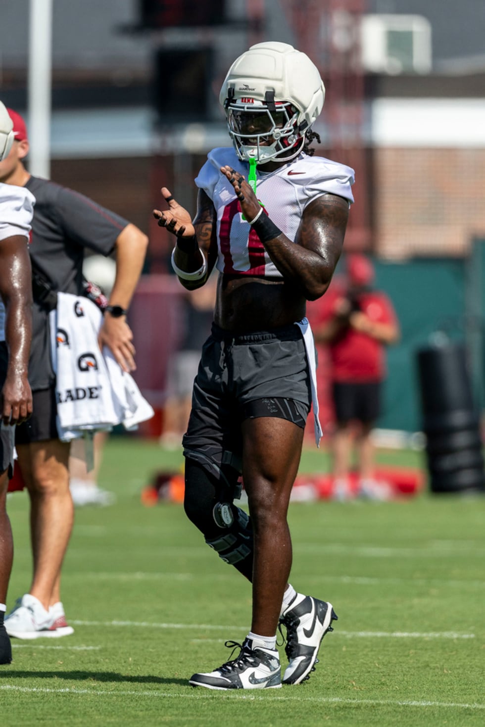 Alabama linebacker Deontae Lawson (0) works through drills during an NCAA college football...