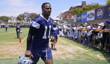 Dallas Cowboys defensive end Micah Parsons runs off the field after training camp Tuesday, July 22, 2025, in Oxnard, Calif. (AP Photo/Mark J. Terrill)