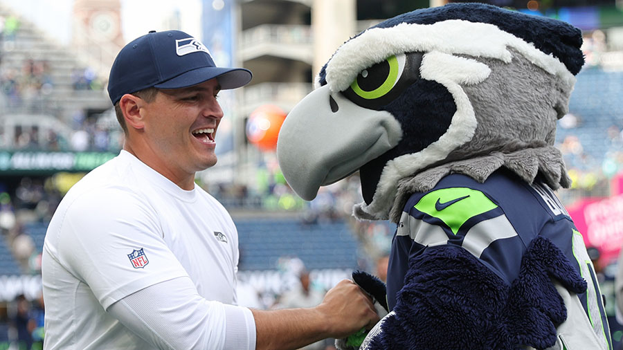 Seattle Seahawks Mike Macdonald and mascot Blitz...