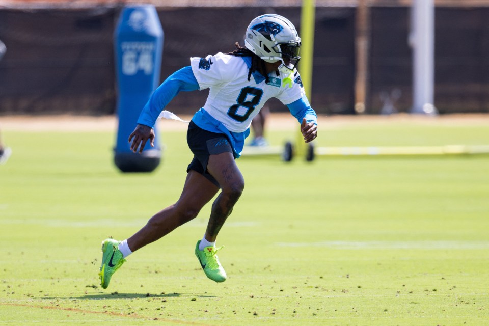 Jaycee Horn, #8, running drills at Carolina Panthers training camp.