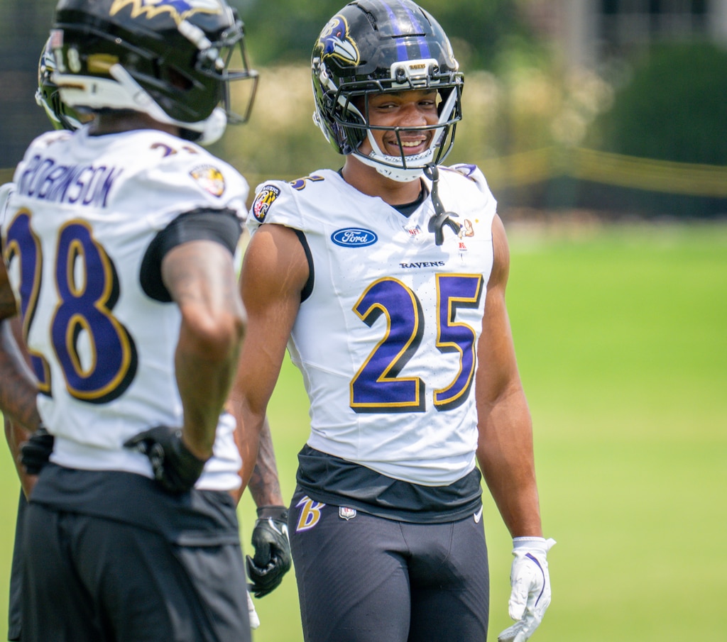 Thursday, July 31, 2025 — Baltimore Ravens safety Beau Brade, 25, smiles after a drill during Ravens training camp.