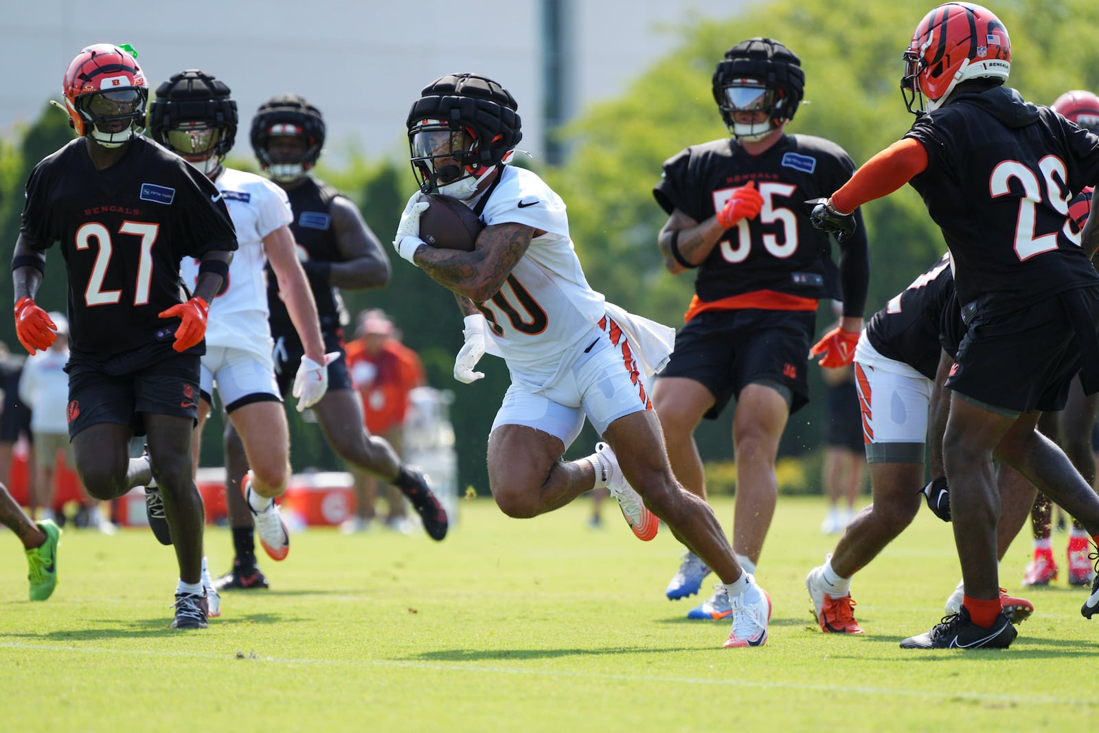 Cincinnati Bengals Chase Brown (30) runs during practice at the team's NFL football training camp, Thursday, July 24, 2025, in Cincinnati. (AP Photo/Jeff Dean)