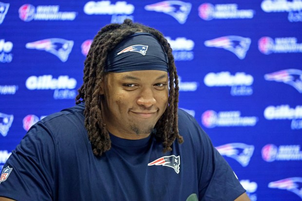 Patriots offensive lineman Jared Wilson speaks to the media during rookie minicamp in Foxboro in May. (Staff Photo By Stuart Cahill/Boston Herald)