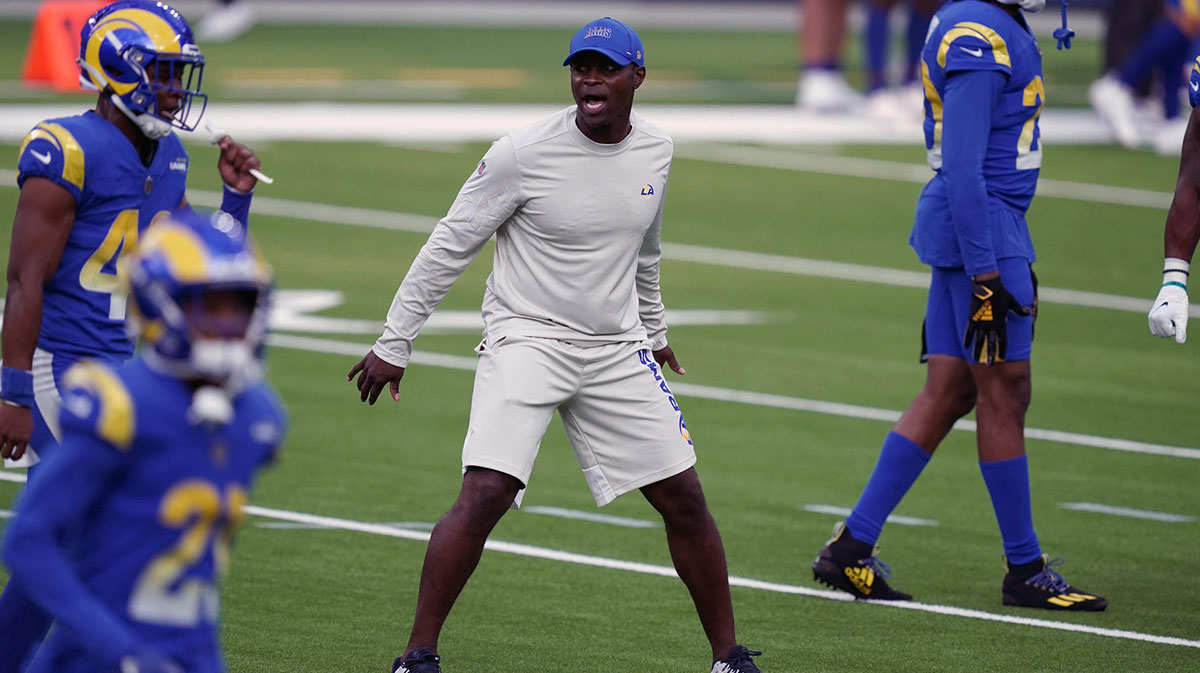Los Angeles Rams safety coach Ejiro Evero during a scrimmage at SoFi Stadium.