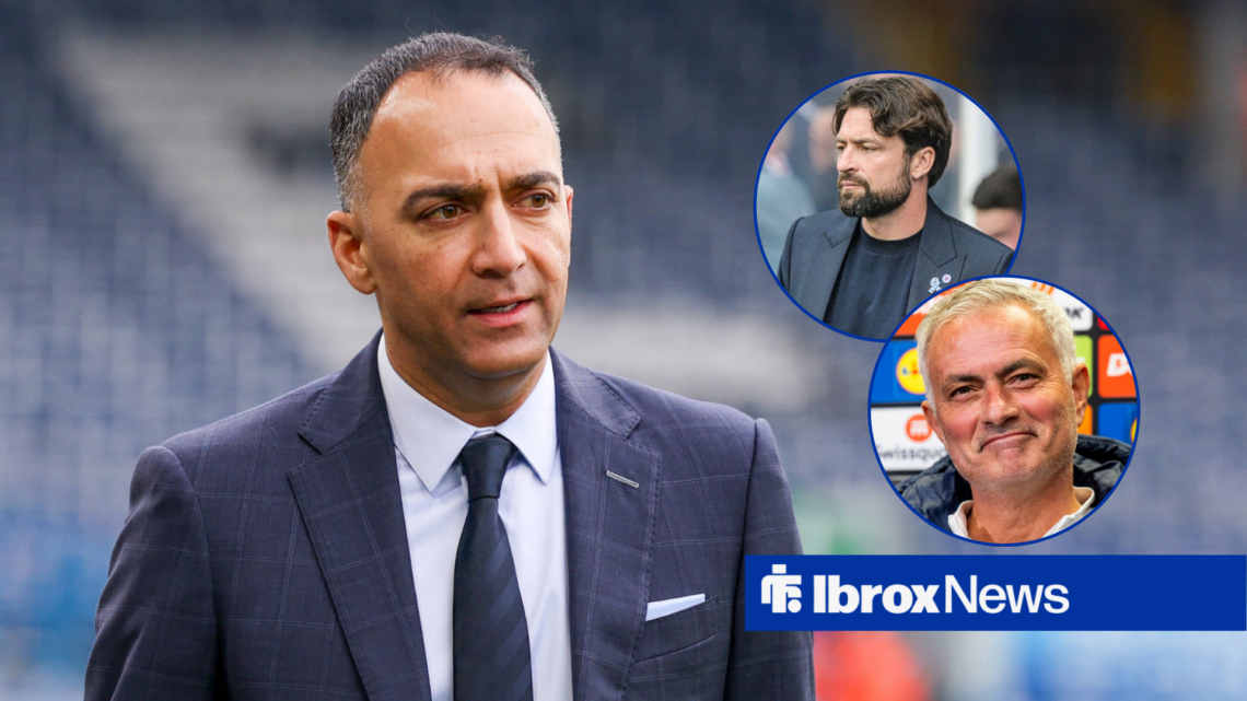 Rangers vice-chairman Paraag Marathe stares across at Russell Martin at Rangers manager Russell Martin who looks anxious, while Jose Mourinho grins...