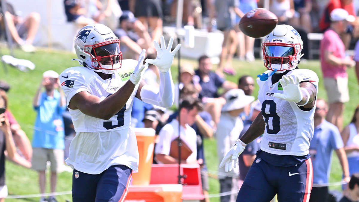 New England Patriots wide receiver Kayshon Boutte (9) does a drill with wide receiver Stefon Diggs (8) during training camp at Gillette Stadium.