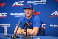 SMU Head Coach Rhett Lashlee speaks during a press conference on Wednesday, July 30, 2025,...
