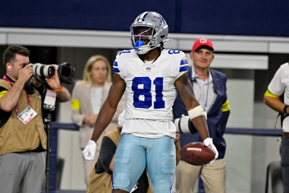 Aug 16, 2025; Arlington, Texas, USA; Dallas Cowboys wide receiver Jonathan Mingo (81) celebrates after he catches a pass for a first down against the Baltimore Ravens during the second half at AT&T Stadium. Mandatory Credit: Jerome Miron-Imagn Images