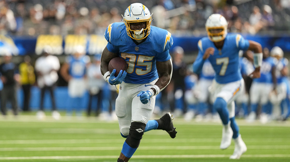 Los Angeles Chargers running back Raheim Sanders (35) runs the ball for a touchdown in the fourth quarter against the New Orleans Saints at SoFi Stadium.