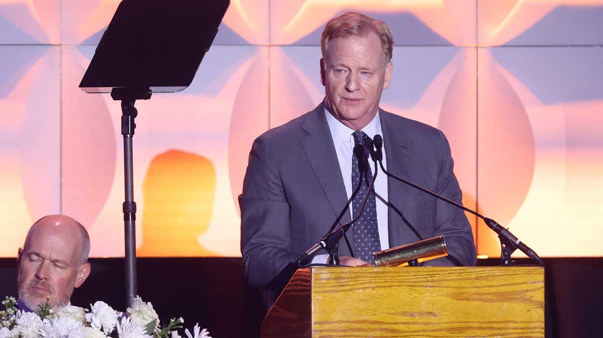 NFL Commissioner Roger Goodell speaks during the Pro Football Hall of Fame's 2024 Enshrinees Gold Jacket Dinner at the Canton Civic Center, Friday, Aug. 2, 2024.