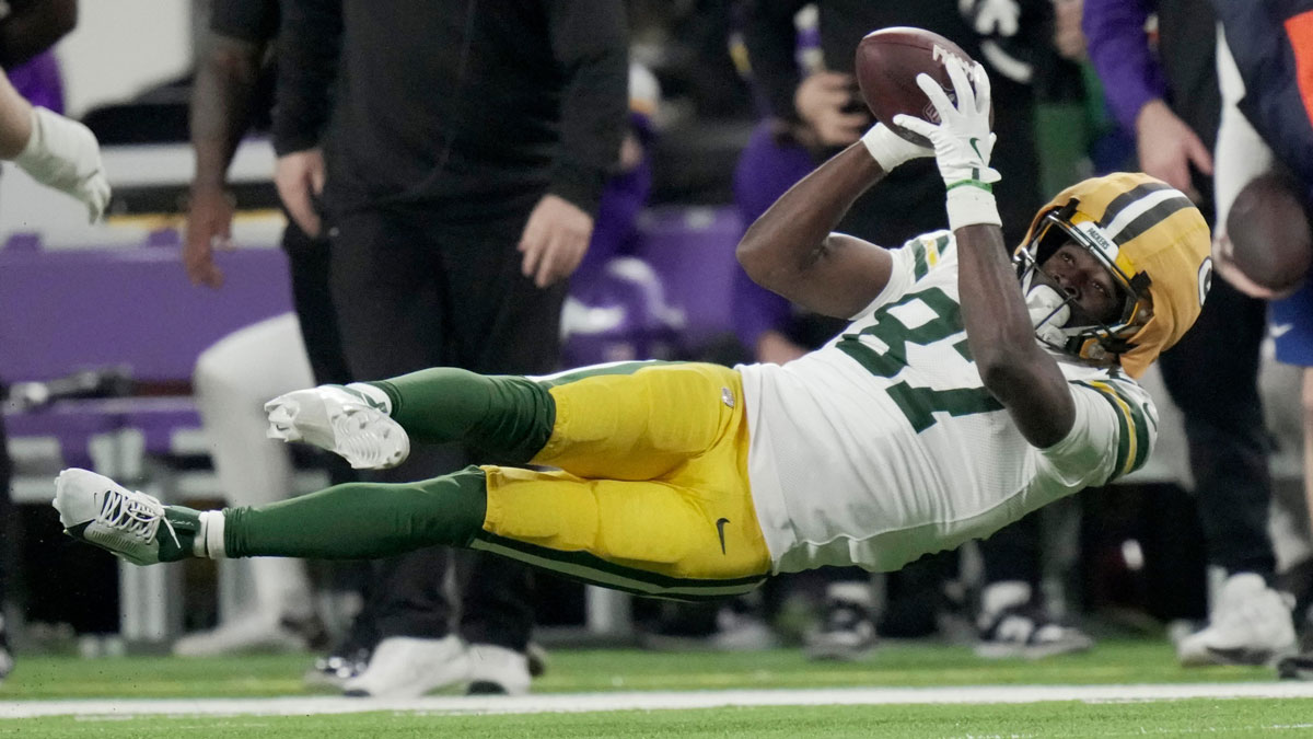 Green Bay Packers wide receiver Romeo Doubs (87) is unable to make a reception during the fourth quarter of their game Sunday, December 29, 2024 at U.S. Bank Stadium in Minneapolis, Minnesota.
