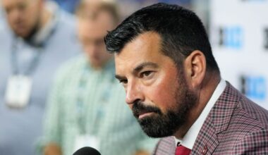 Ohio State head coach Ryan Day speaks during an NCAA college football news conference at the Big Ten Conference media days at Lucas Oil Stadium, on July 23, 2024, in Indianapolis.