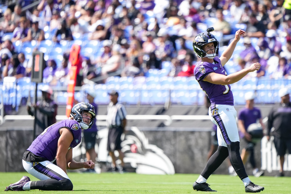 Baltimore Ravens place kicker Tyler Loop (33) kicks a field goal during the team’s training camp at M&T Bank Stadium in Baltimore, Md. on Sunday, August 3, 2025.