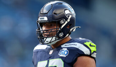 Seattle Seahawks Sataoa Laumea looks on preseason Raiders 2025...