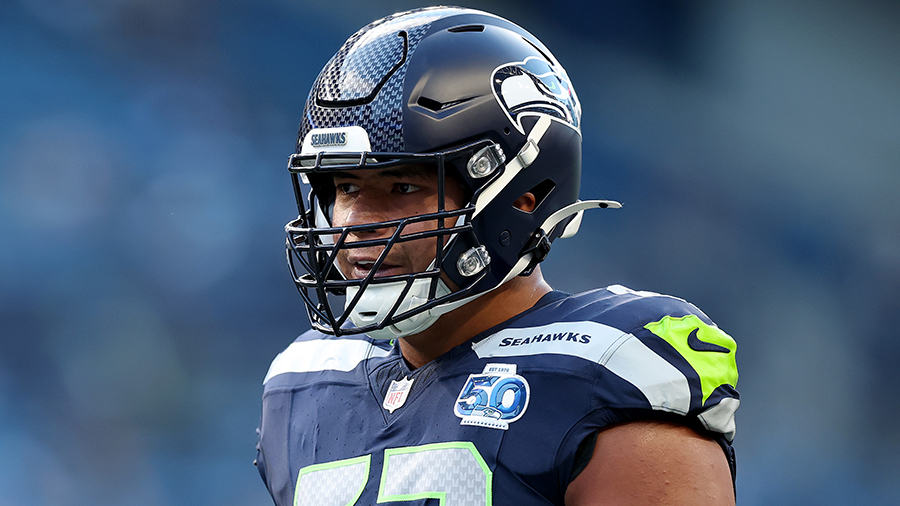 Seattle Seahawks Sataoa Laumea looks on preseason Raiders 2025...