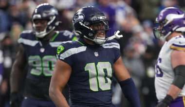 Seattle Seahawks Uchenna Nwosu celebrates Minnesota Vikings 2024...