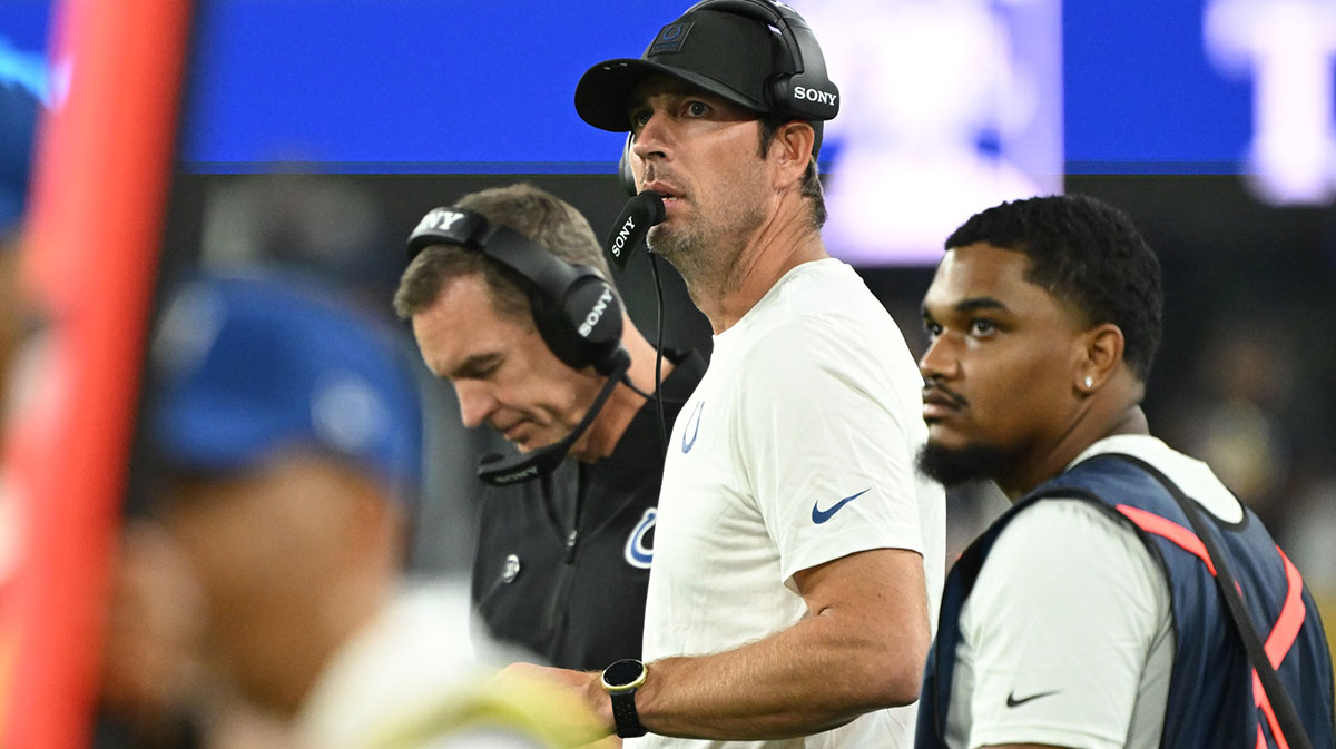 Indianapolis Colts head coach Shane Steichen looks at the scoreboard during the second quarter of a preseason game against the Baltimore Ravens