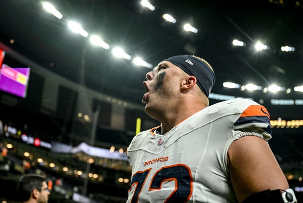 Garett Bolles (72) of the Denver Broncos growls after the second half of the Broncos' 33-10 win over the New Orleans Saints at Caesars Superdome in New Orleans, Louisiana, on Thursday, Oct. 17, 2024. (Photo by AAron Ontiveroz/The Denver Post)