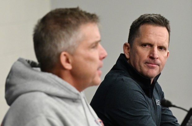 Denver Broncos Head Coach Sean Payton, left, and General Manager George Paton talk to media during a pre-draft press conference on April 18, 2024. (Photo by RJ Sangosti/The Denver Post)