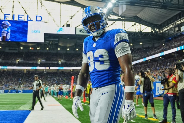 Detroit Lions wide receiver Jackson Meeks (83) celebrates his touchdown...