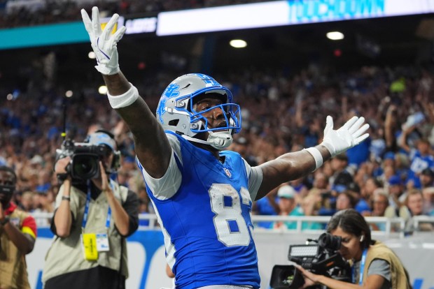Detroit Lions wide receiver Jackson Meeks (83) celebrates his touchdown...