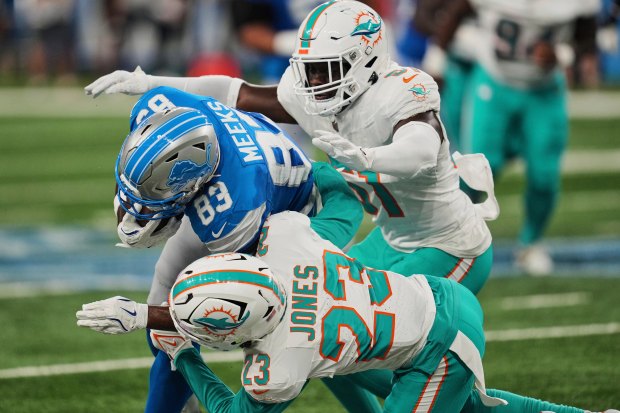 Detroit Lions wide receiver Jackson Meeks (83) is tackled by...