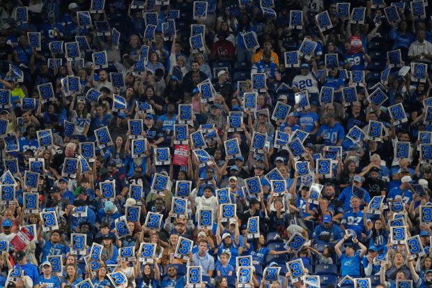 Detroit Lions fans cheer for their team on third down...