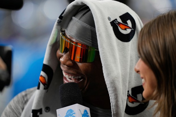 Detroit Lions running back David Montgomery is interviewed on the...