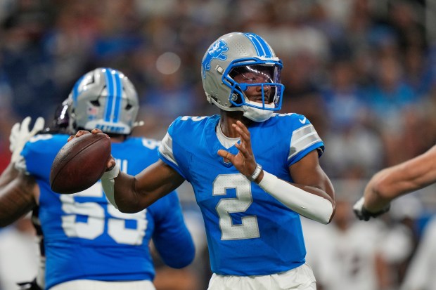 Detroit Lions quarterback Hendon Hooker (2) throws a pass against...