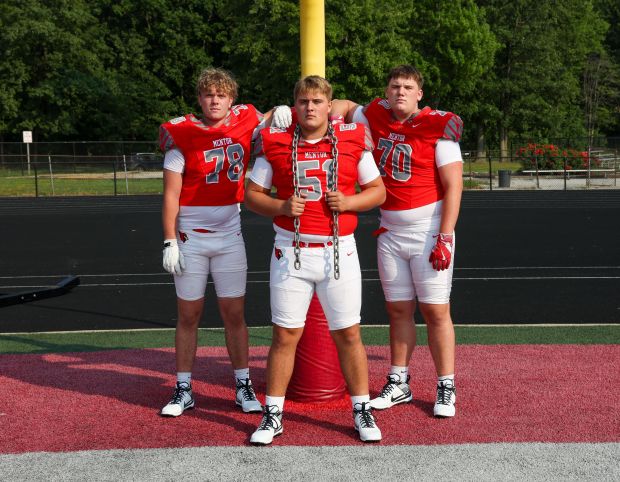 Mentor has a trio of Division I college recruits on its offensive line this season (from left) - Colin Prichard (Kent State), JoJo LoDuca (Naval Academy) and Landry Brede (North Carolina State) - Tim Phillis, (For The News-Herald)