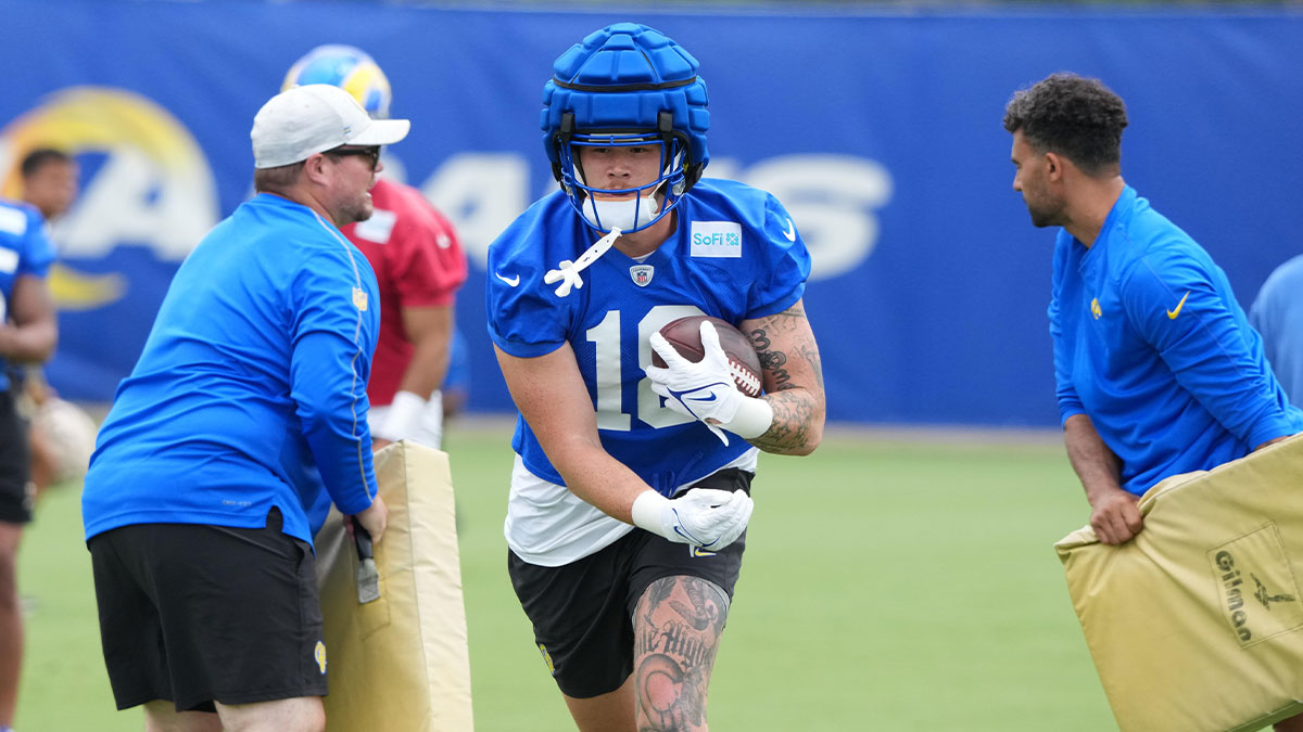 Los Angeles Rams tight end Terrance Ferguson (18) carries the ball during organized team activities at Rams Practice Facility.