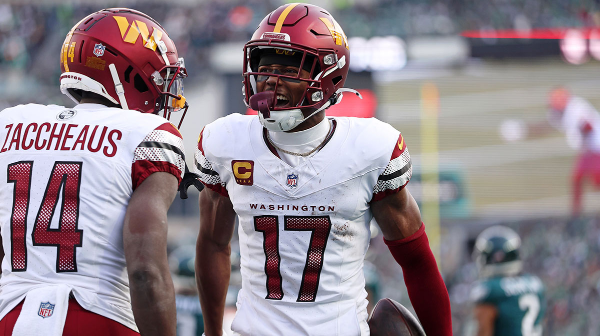 Washington Commanders wide receiver Terry McLaurin (17) reacts after a play with wide receiver Olamide Zaccheaus (14) against the Philadelphia Eagles during the first half in the NFC Championship game at Lincoln Financial Field.